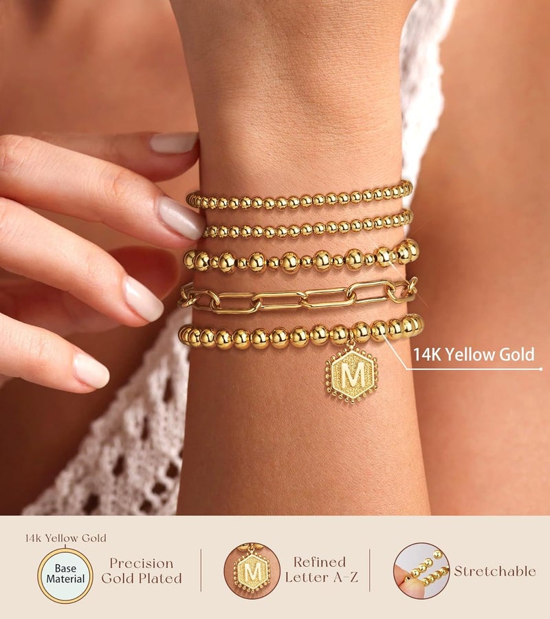 adoyi Gold Bracelets for Women Waterproof, 14K Gold Plated Beaded Strand Bead Ball Bracelets stack Adjustable Jewelry Set for Gifts - Image 5